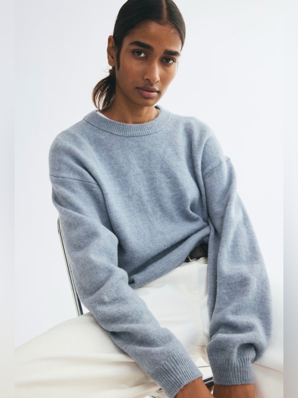 H&M Dusty Blue Melange Crewneck Loose Fit Wool Blend Knit Sweater